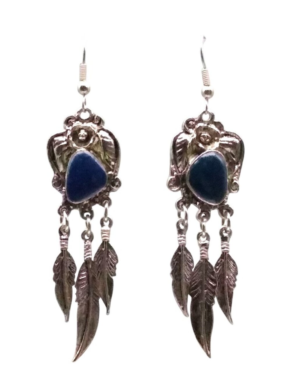 Vintage Starry Sky Stone and Feathers Earrings, Dangle Cabochon Blue Sandstone